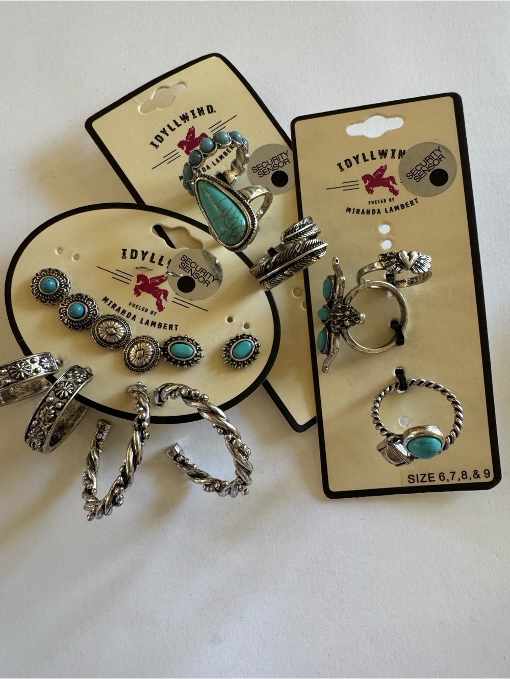 Idyllwind Silver Earrings/ Rings with Turquoise Stones - Boho Stack Set